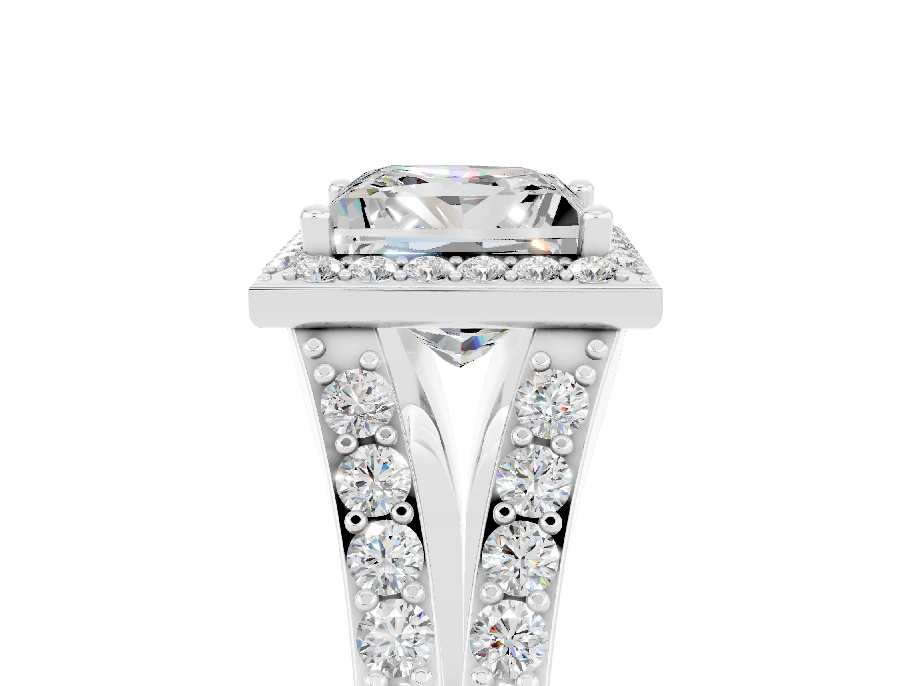 White gold Princess Cut Moissanite Split Shank Halo Ring with Four-Prong Setting_60