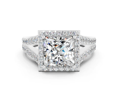 White gold Princess Cut Moissanite Split Shank Halo Ring with Four-Prong Setting_60