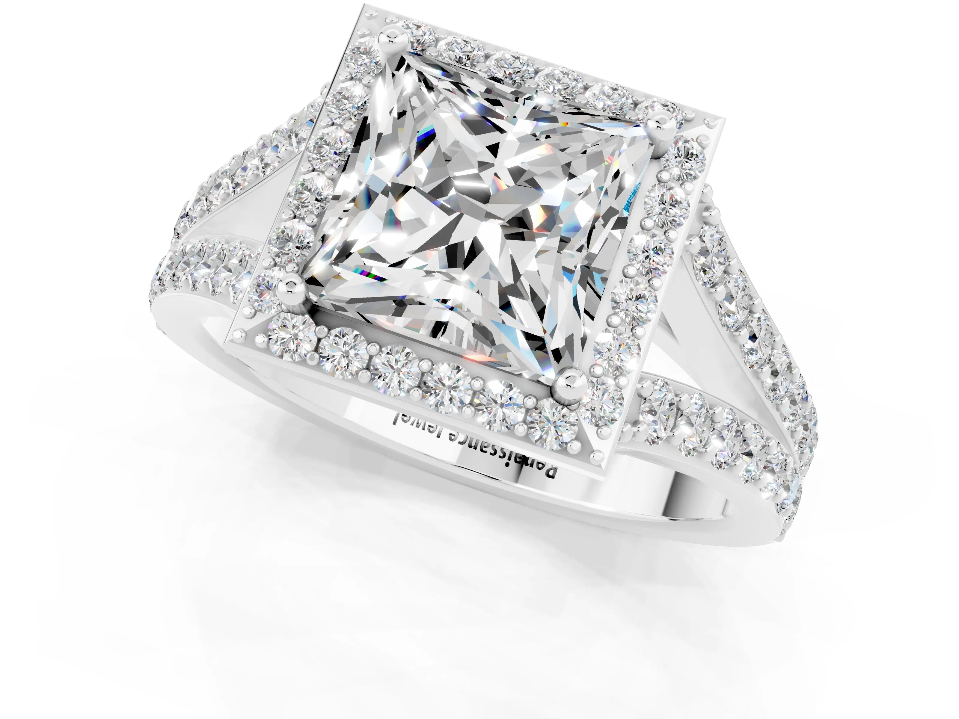 White gold Princess Cut Moissanite Split Shank Halo Ring with Four-Prong Setting_61