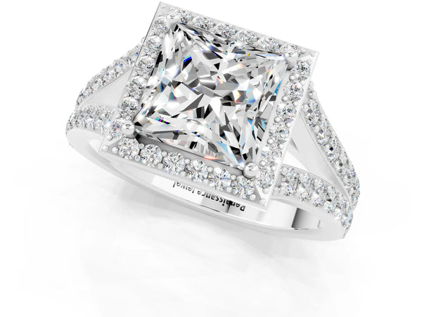 Platinum Princess Cut Moissanite Split Shank Halo Ring with Four-Prong Setting