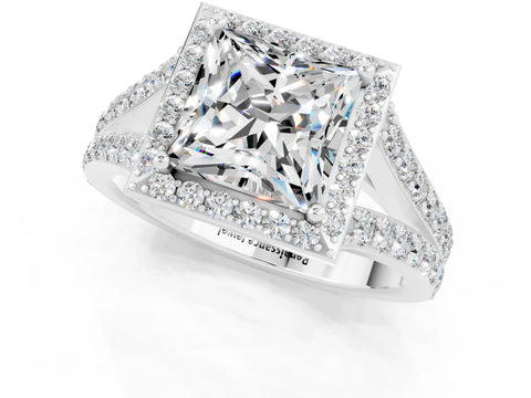 White gold Princess Cut Moissanite Split Shank Halo Ring with Four-Prong Setting_61