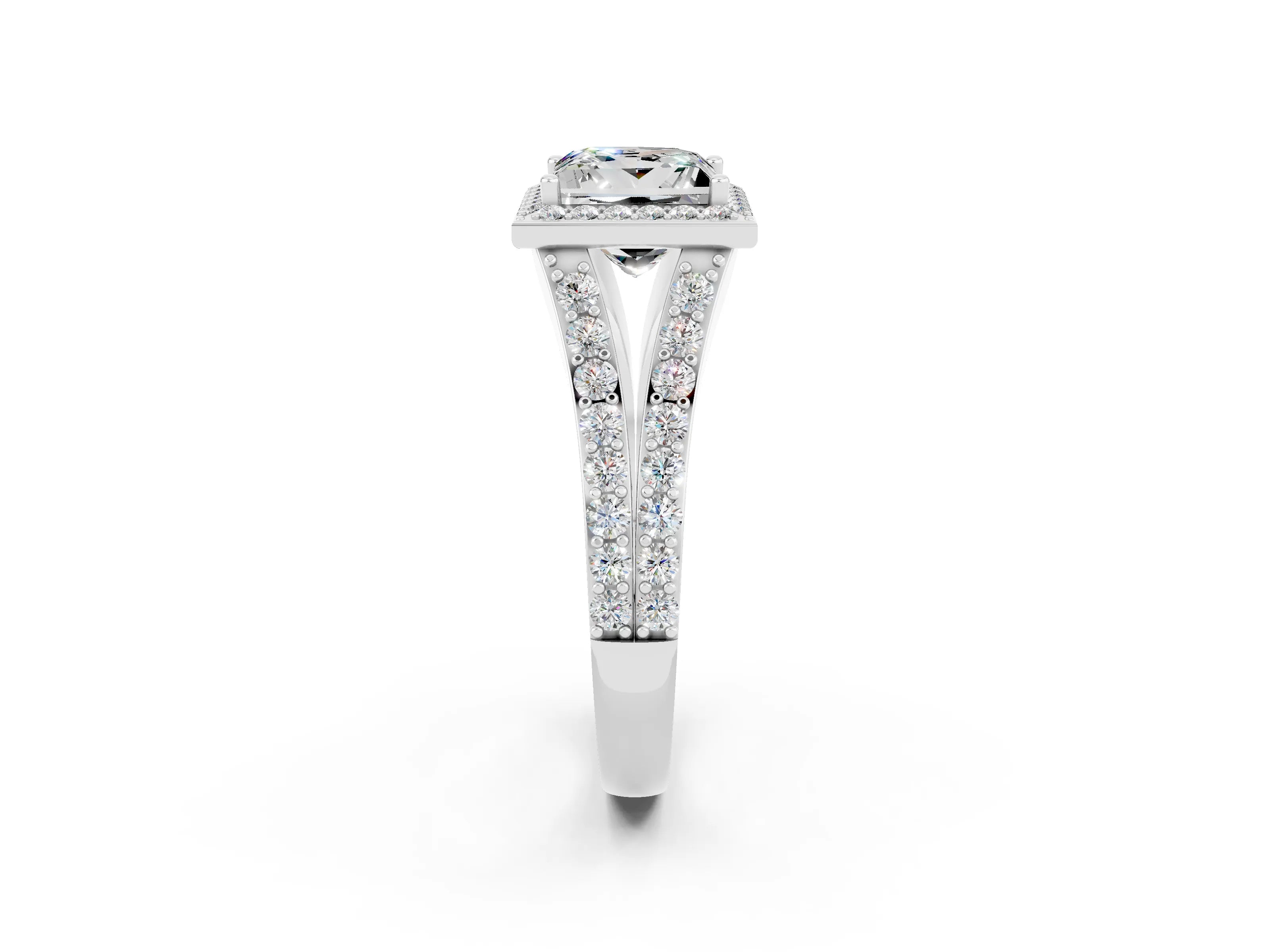 White gold Princess Cut Moissanite Split Shank Halo Ring with Four-Prong Setting_62