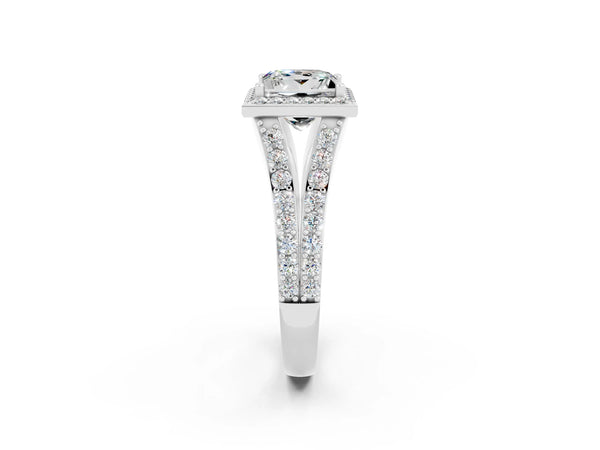 Platinum Princess Cut Moissanite Split Shank Halo Ring with Four-Prong Setting