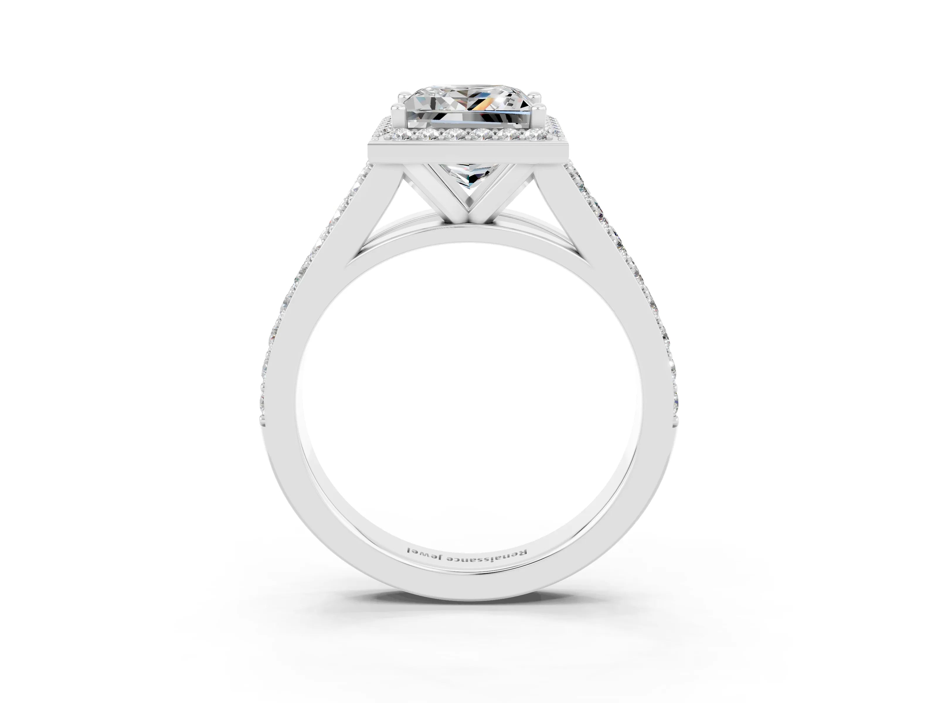 White gold Princess Cut Moissanite Split Shank Halo Ring with Four-Prong Setting_63
