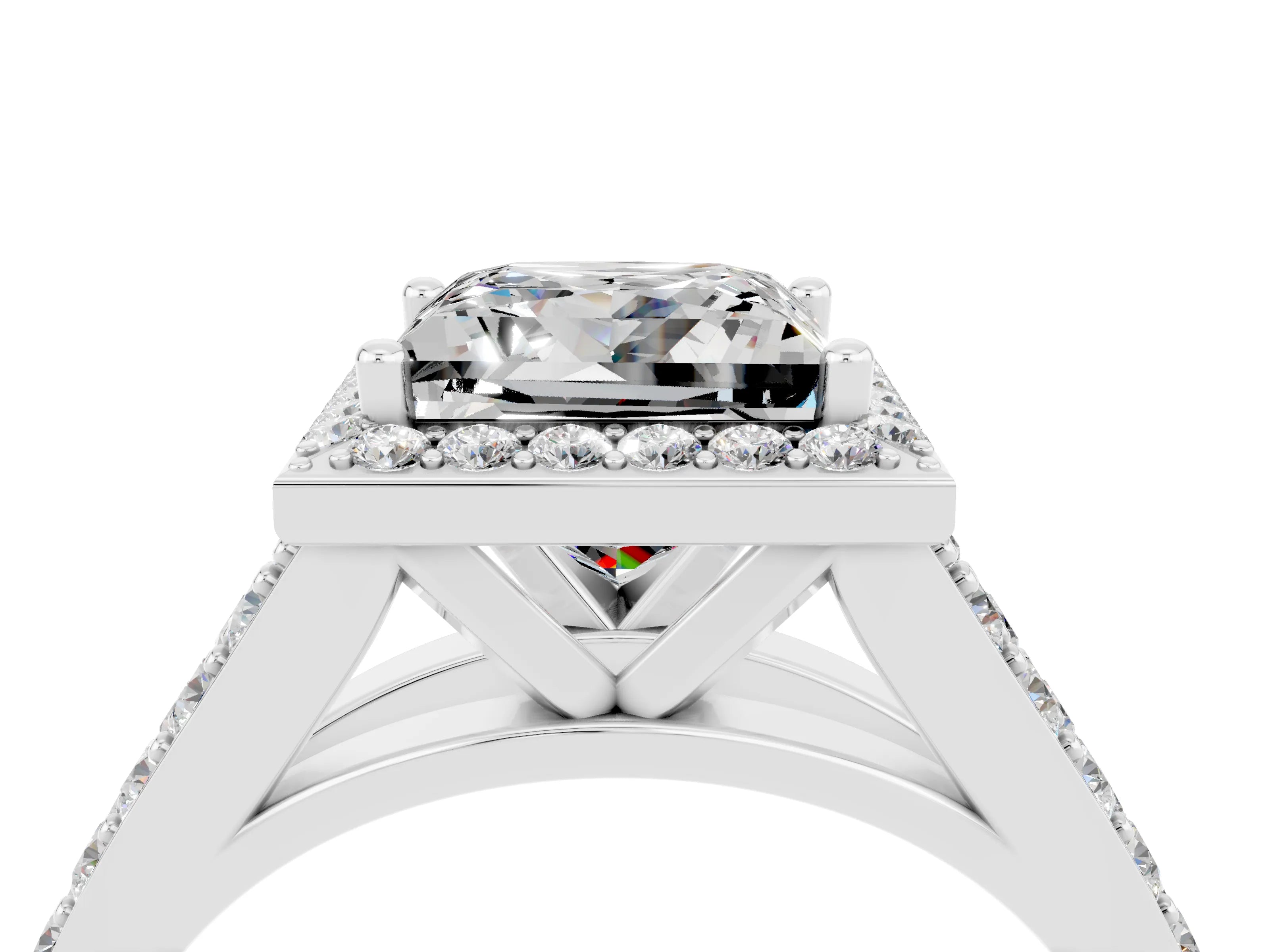 White gold Princess Cut Moissanite Split Shank Halo Ring with Four-Prong Setting_69