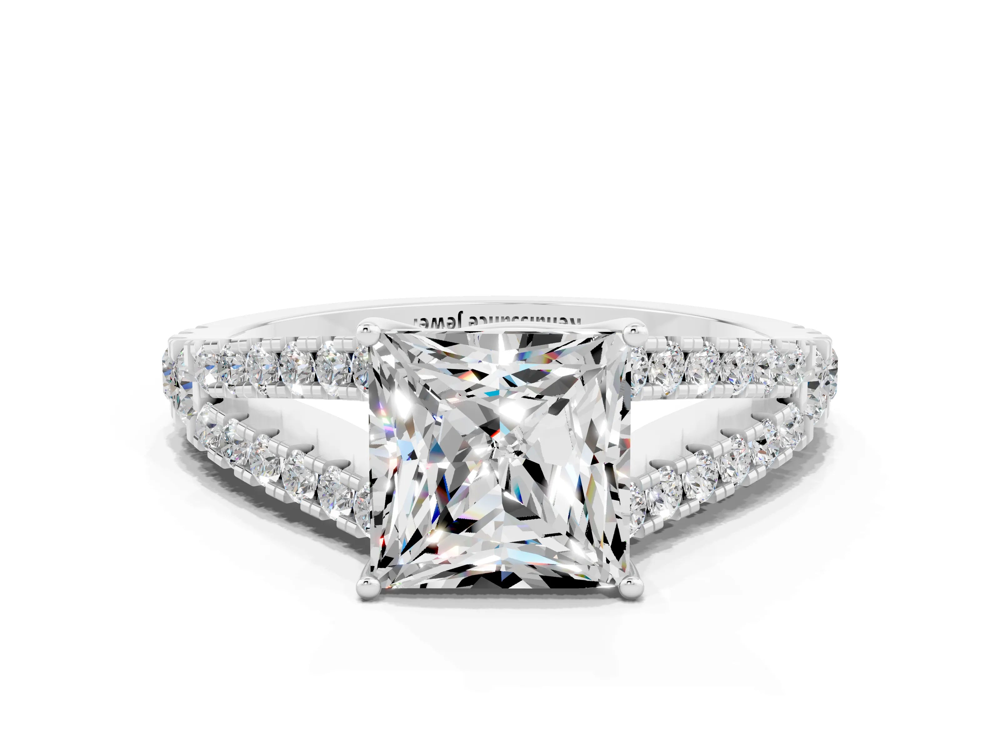White gold Princess Cut Moissanite Split Shank Pavé Engagement Ring with Four-Prong Setting_12