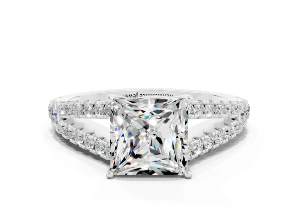 Platinum Princess Cut Moissanite Split Shank Pavé Engagement Ring with Four-Prong Setting