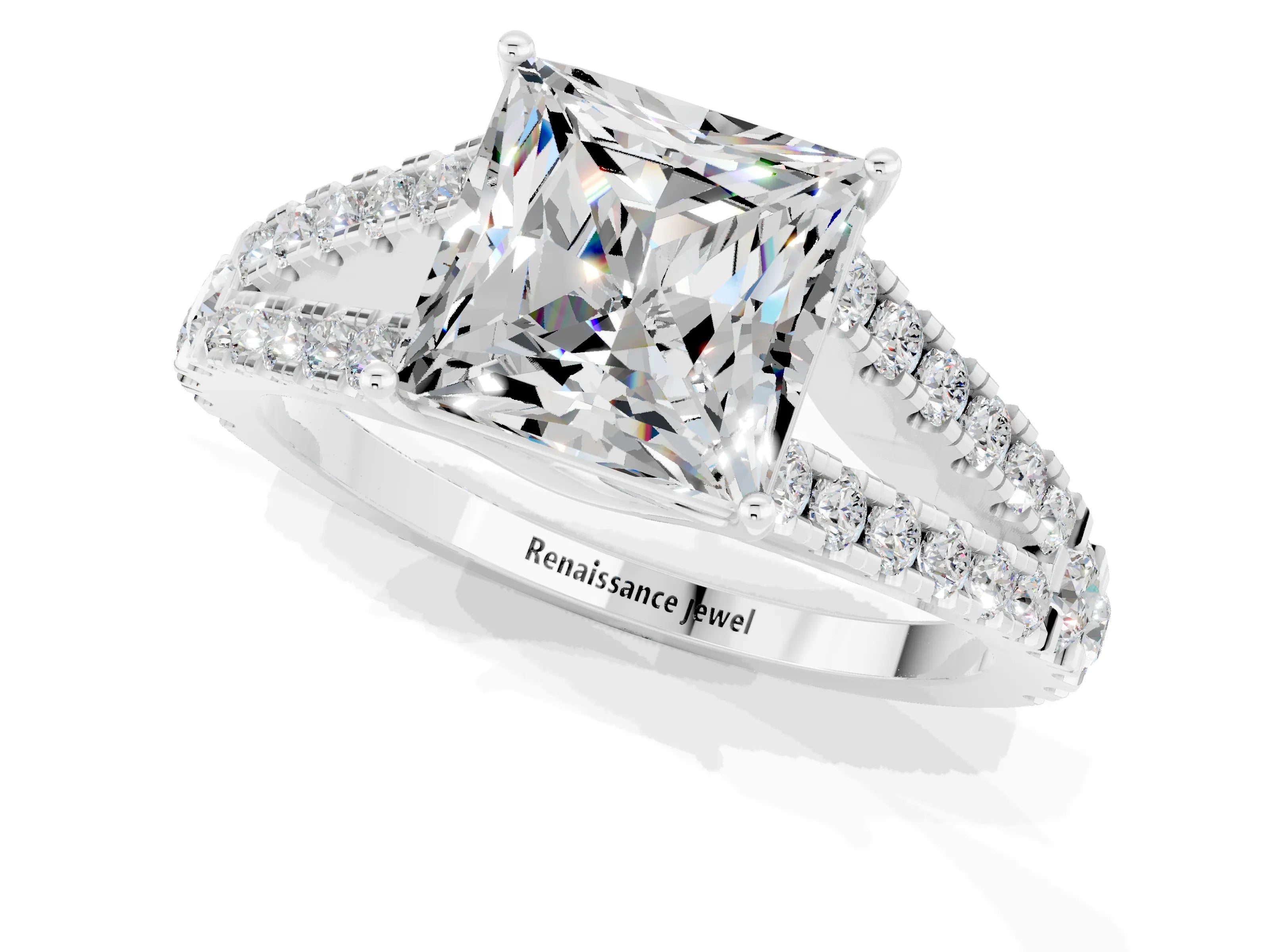 White gold Princess Cut Moissanite Split Shank Pavé Engagement Ring with Four-Prong Setting_13