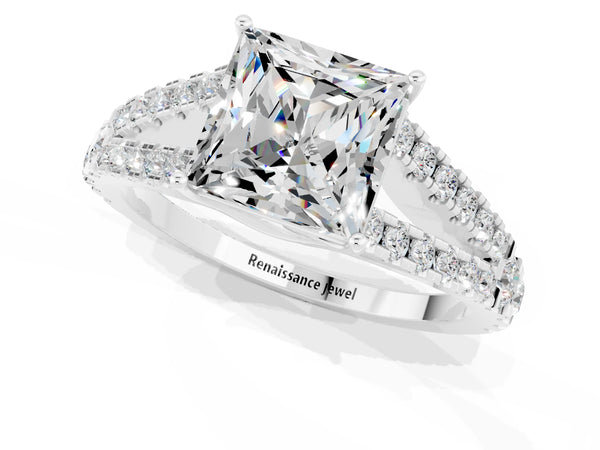 Silver Princess Cut Moissanite Split Shank Pavé Engagement Ring with Four-Prong Setting