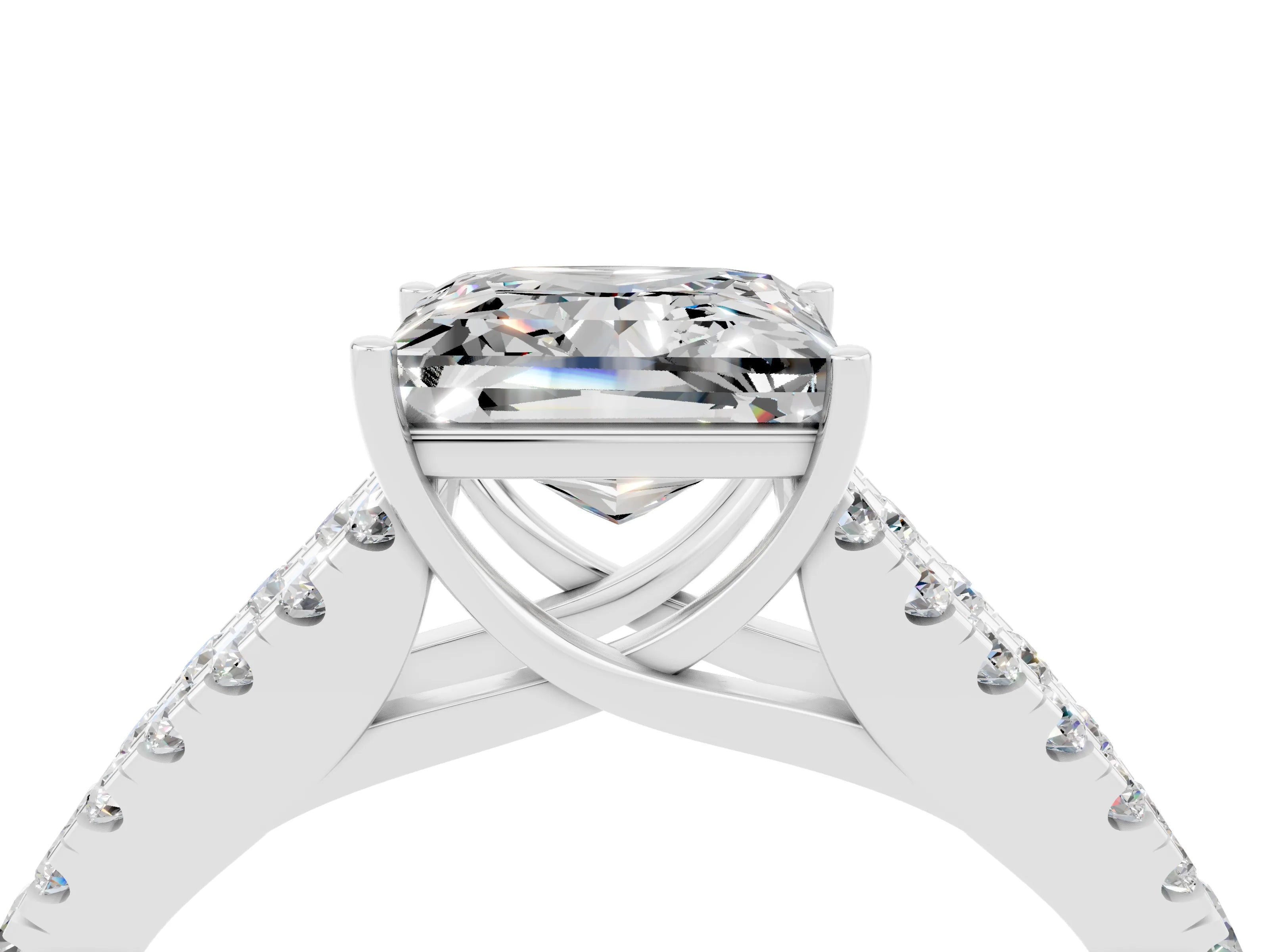 White gold Princess Cut Moissanite Split Shank Pavé Engagement Ring with Four-Prong Setting_16