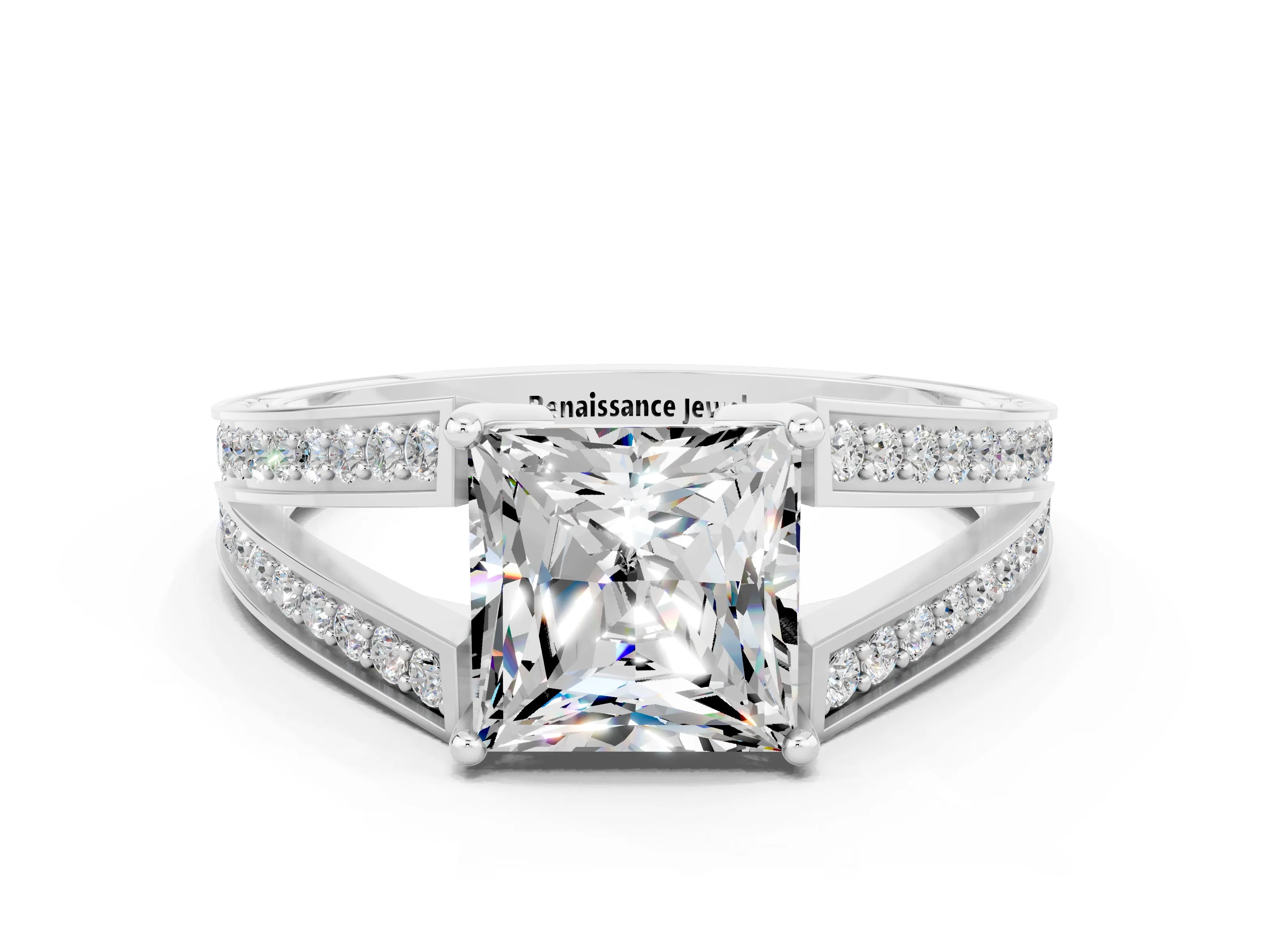 White gold Princess Cut Moissanite Split Shank Ring with Pavé Band and Four-Prong Setting