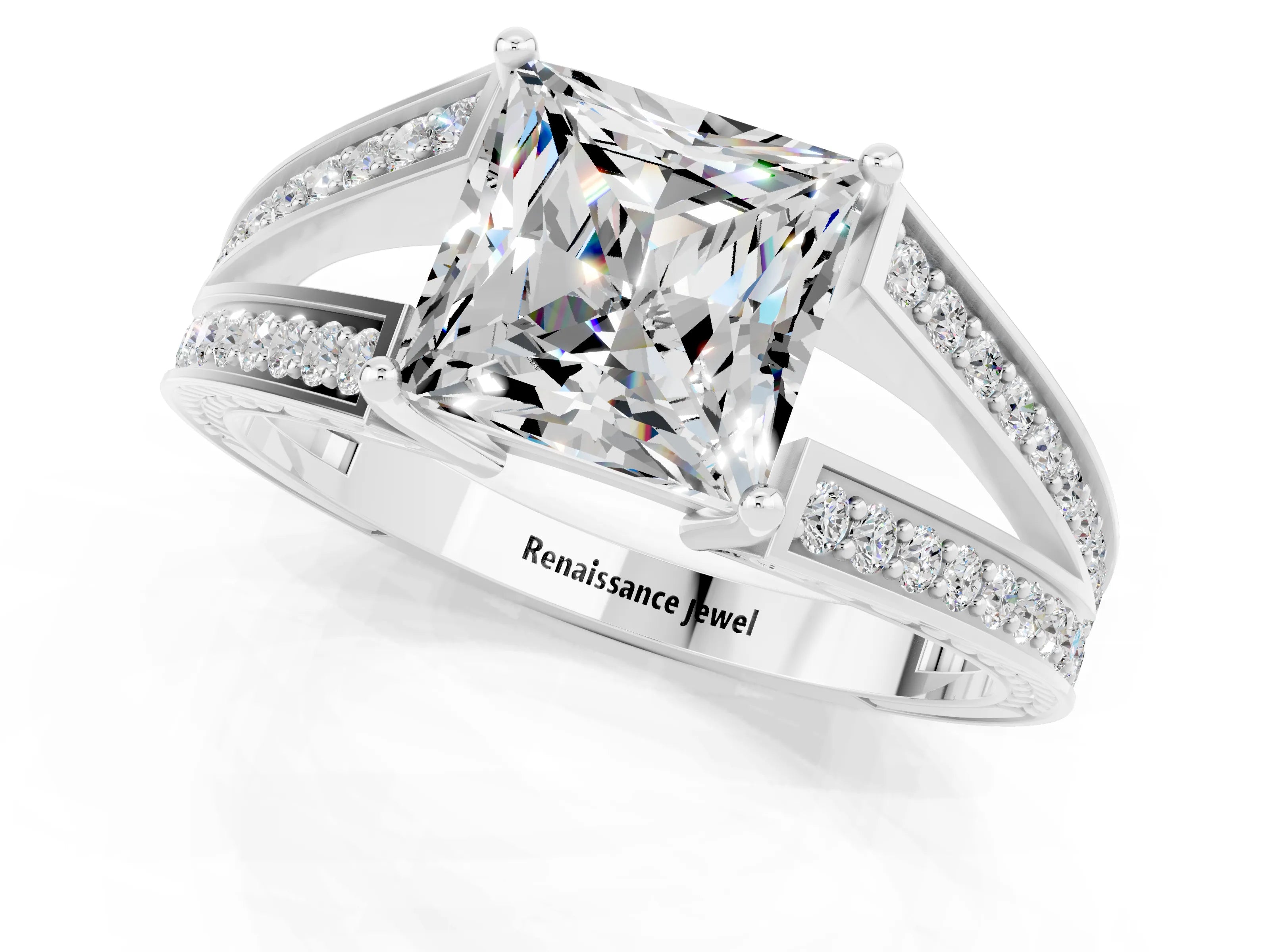 White gold Princess Cut Moissanite Split Shank Ring with Pavé Band and Four-Prong Setting_1