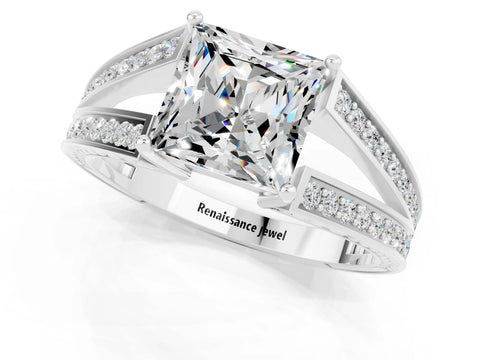 White gold Princess Cut Moissanite Split Shank Ring with Pavé Band and Four-Prong Setting_1