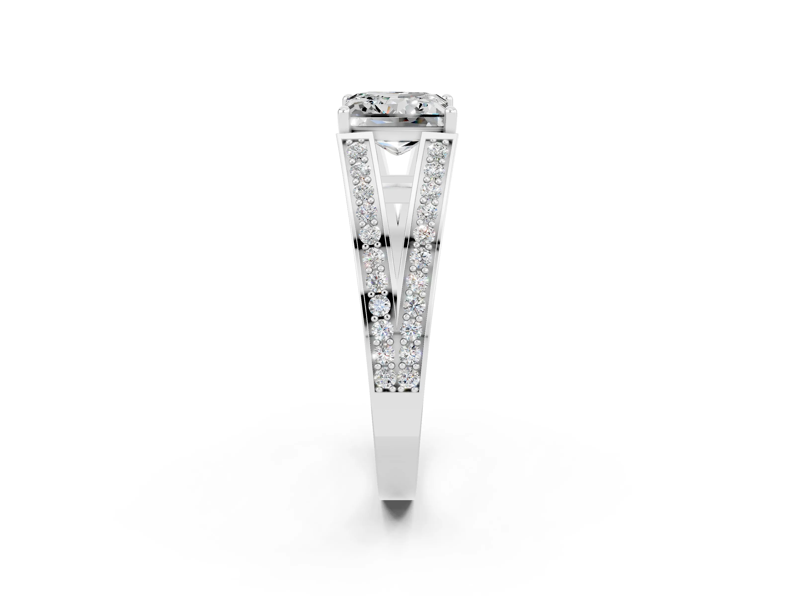 White gold Princess Cut Moissanite Split Shank Ring with Pavé Band and Four-Prong Setting_2