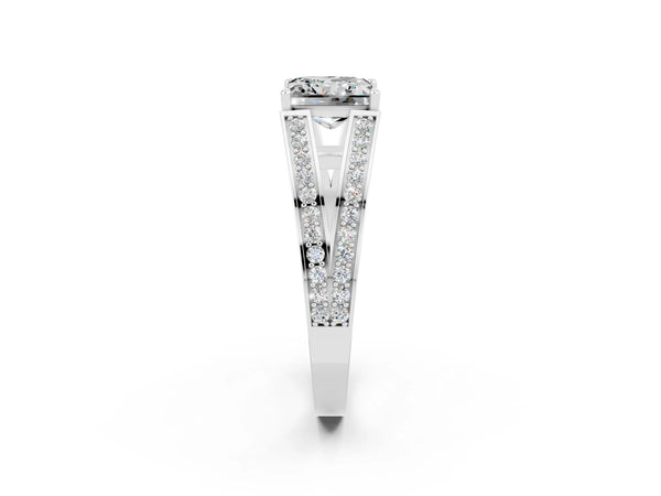 Silver Princess Cut Moissanite Split Shank Ring with Pavé Band and Four-Prong Setting