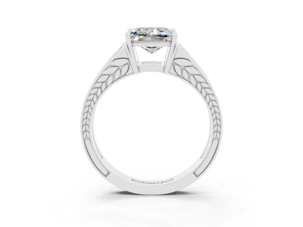 White gold Princess Cut Moissanite Split Shank Ring with Pavé Band and Four-Prong Setting