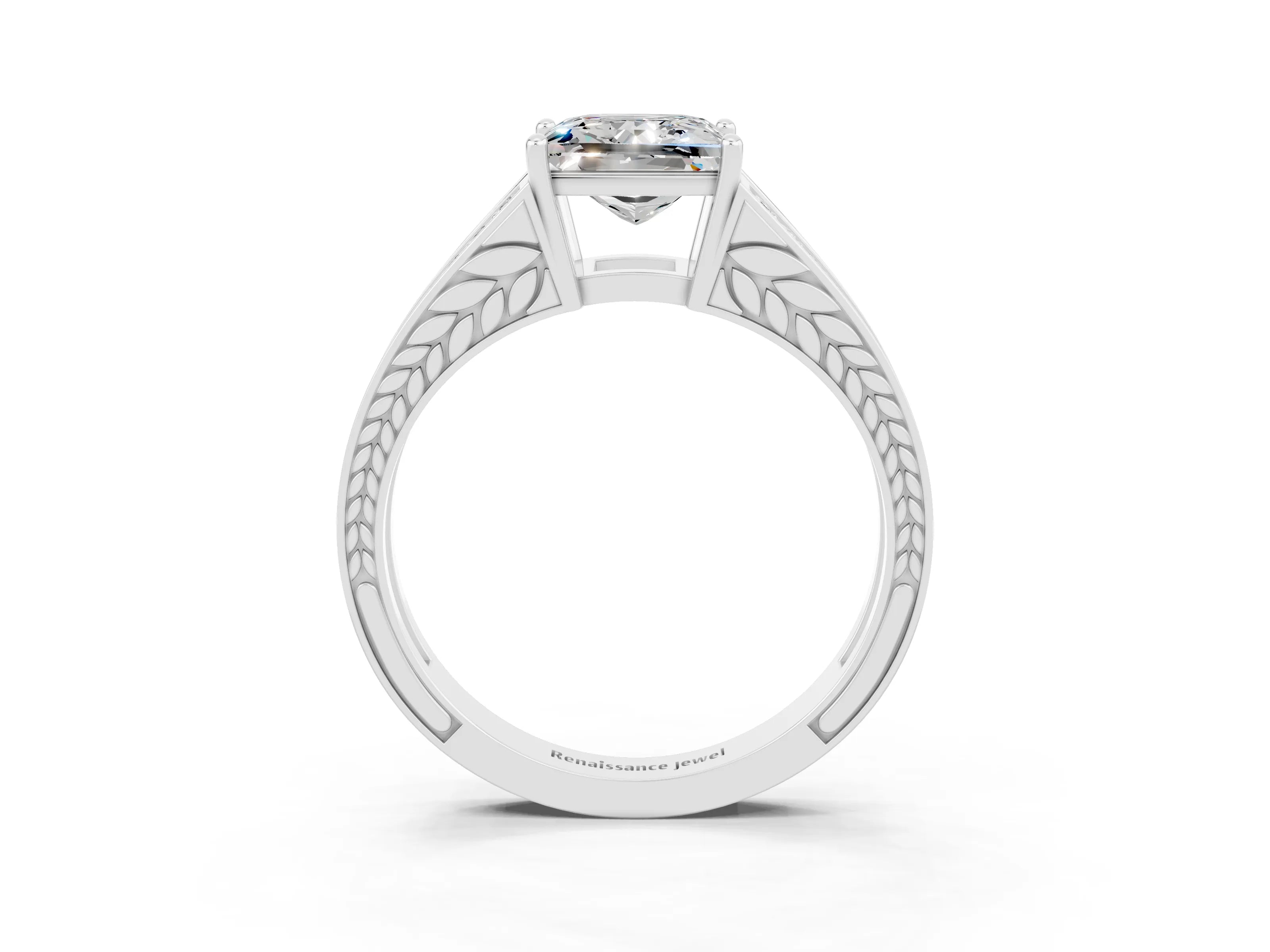 White gold Princess Cut Moissanite Split Shank Ring with Pavé Band and Four-Prong Setting_3