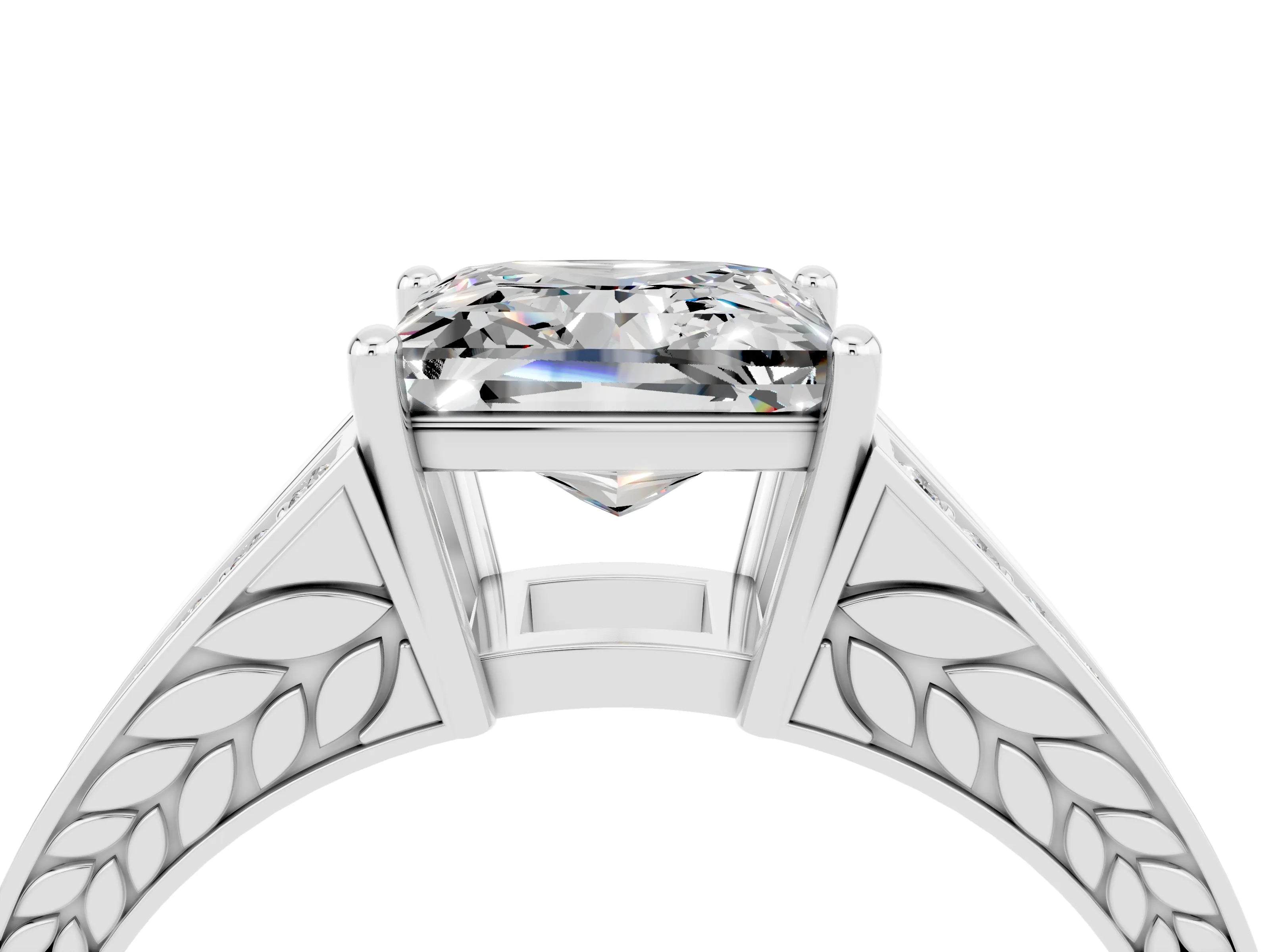 White gold Princess Cut Moissanite Split Shank Ring with Pavé Band and Four-Prong Setting_4