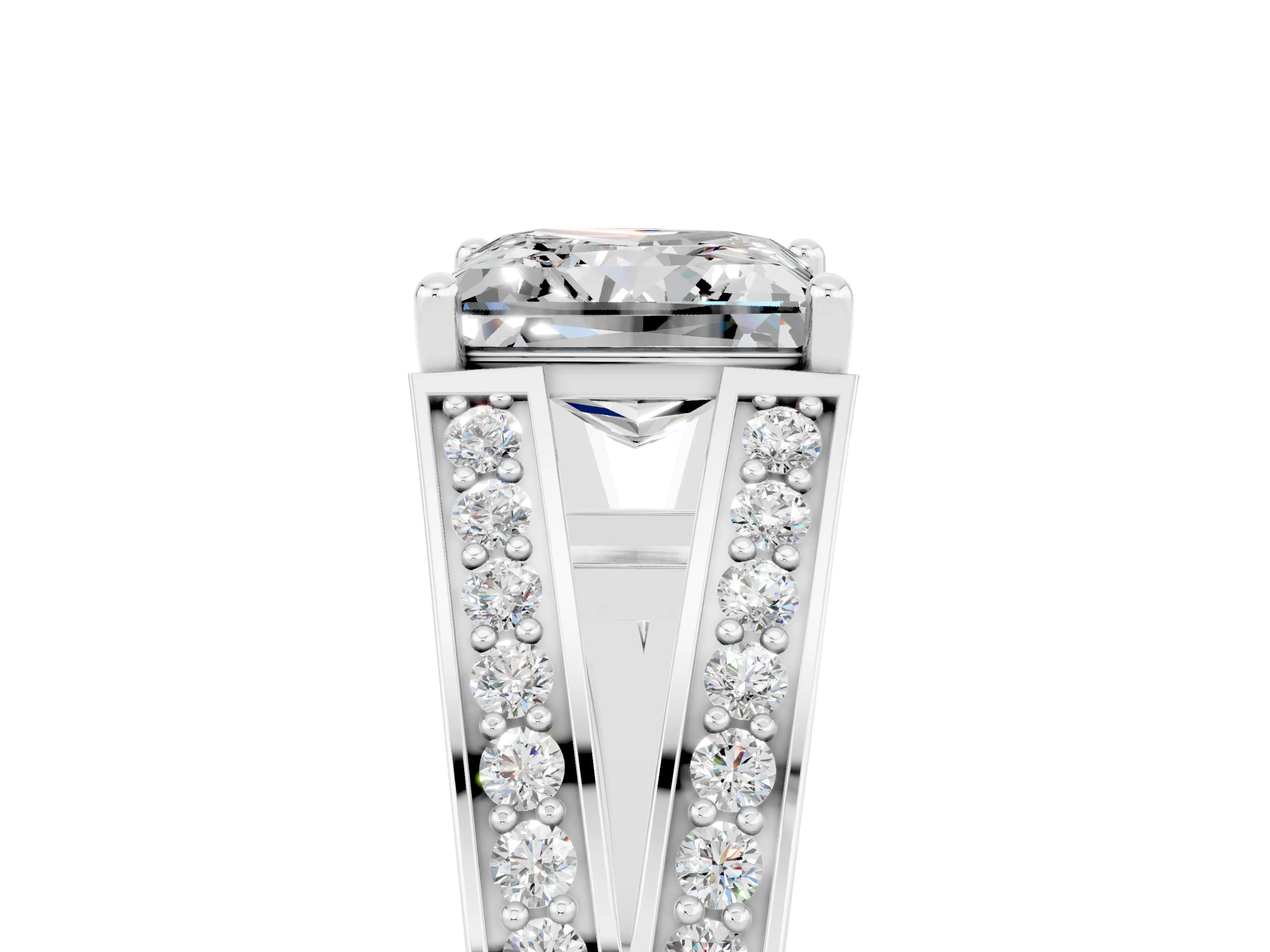 White gold Princess Cut Moissanite Split Shank Ring with Pavé Band and Four-Prong Setting_5