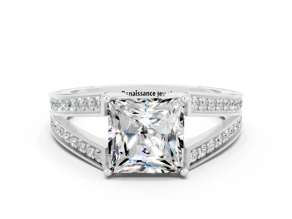 White gold Princess Cut Moissanite Split Shank Ring with Pavé Band and Four-Prong Setting
