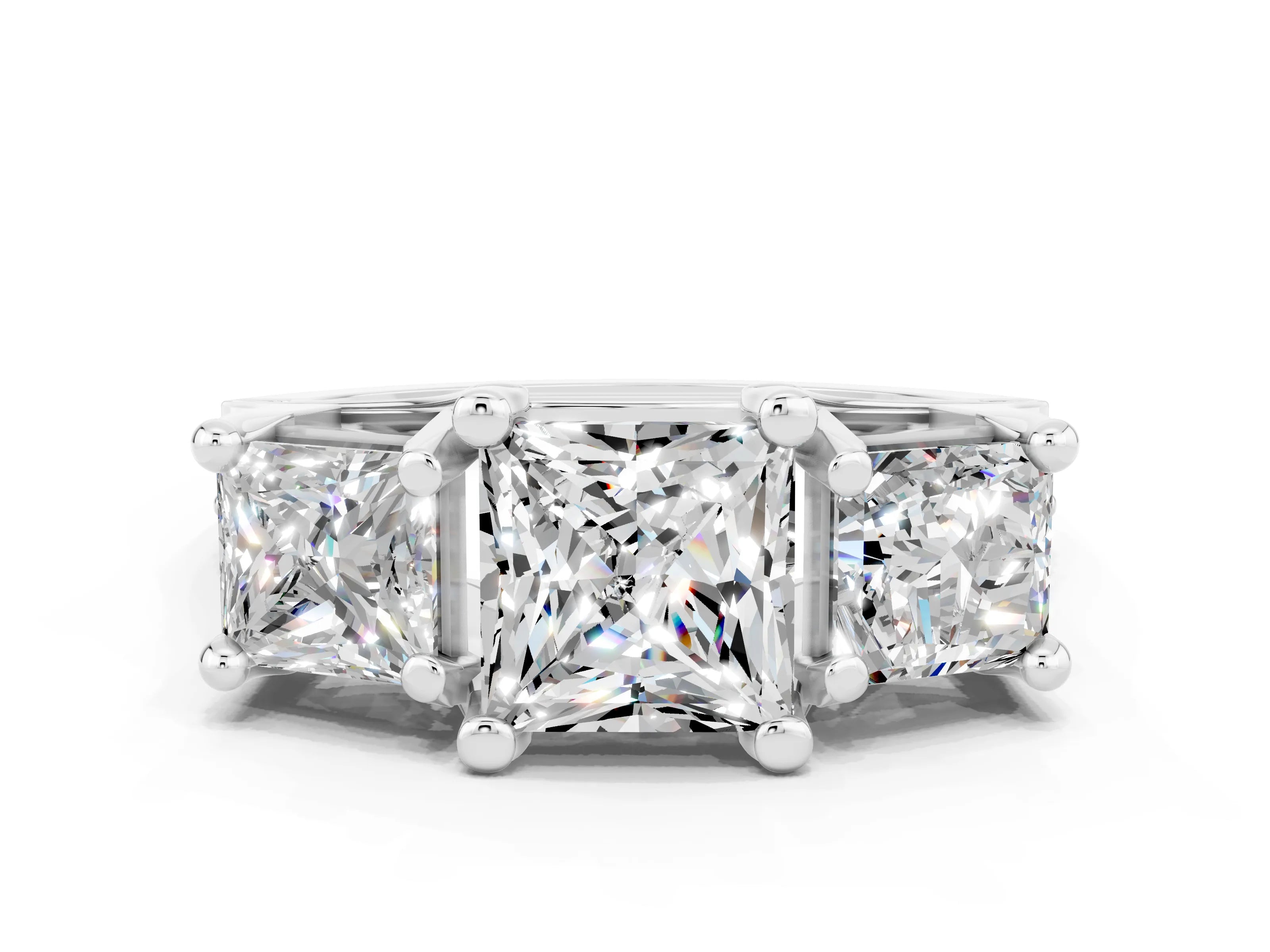 White gold Princess Cut Moissanite Three-Stone Ring with Channel Set Band and Four-Prong Setting