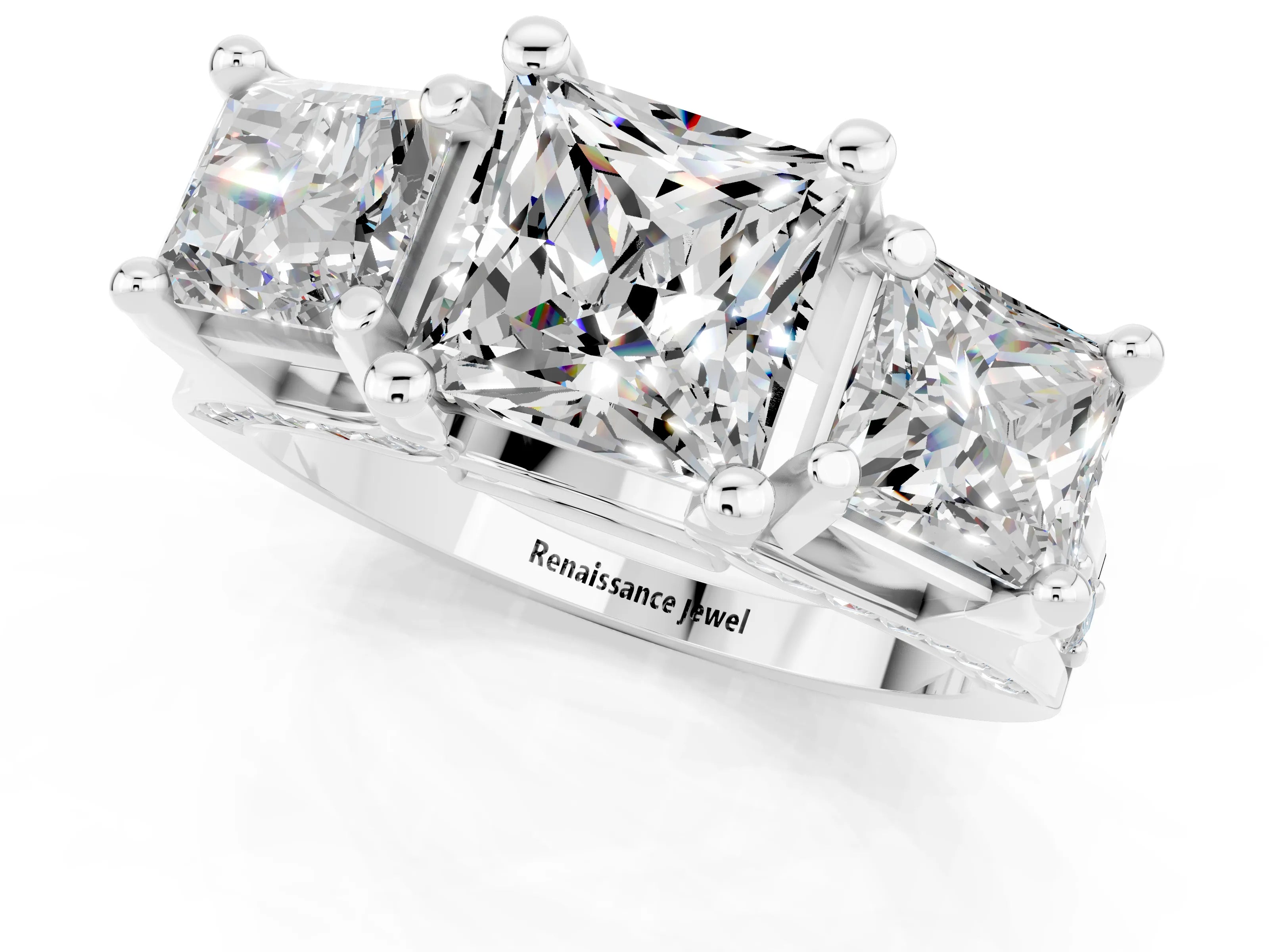 White gold Princess Cut Moissanite Three-Stone Ring with Channel Set Band and Four-Prong Setting_1