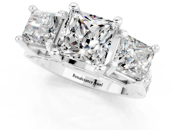 White gold Princess Cut Moissanite Three-Stone Ring with Channel Set Band and Four-Prong Setting