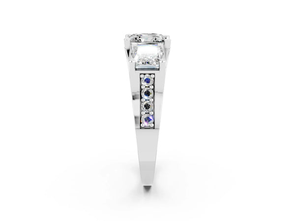 White gold Princess Cut Moissanite Three-Stone Ring with Channel Set Band and Four-Prong Setting