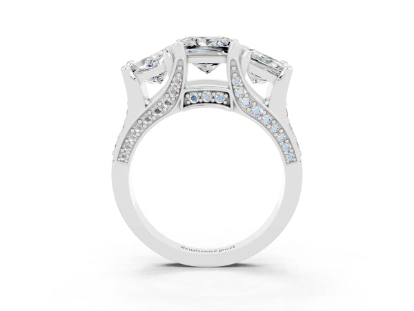 White gold Princess Cut Moissanite Three-Stone Ring with Channel Set Band and Four-Prong Setting