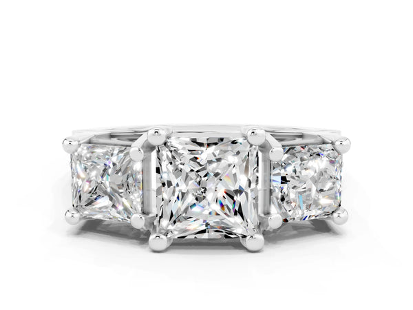 White gold Princess Cut Moissanite Three-Stone Ring with Channel Set Band and Four-Prong Setting