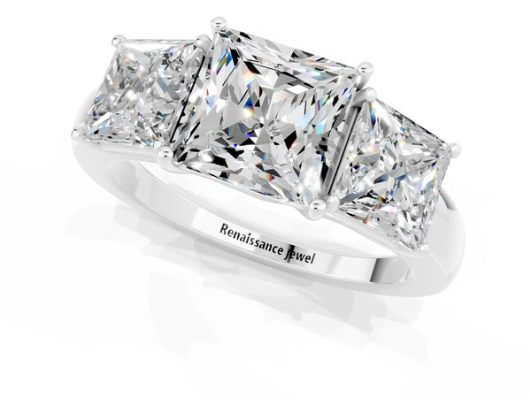 White gold Princess Cut Moissanite Three-Stone Ring with Four-Prong Setting and Classic Band