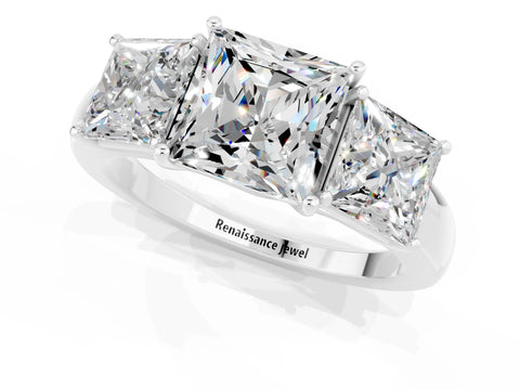 White gold Princess Cut Moissanite Three-Stone Ring with Four-Prong Setting and Classic Band_1