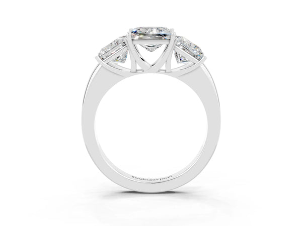 Platinum Princess Cut Moissanite Three-Stone Ring with Four-Prong Setting and Classic Band