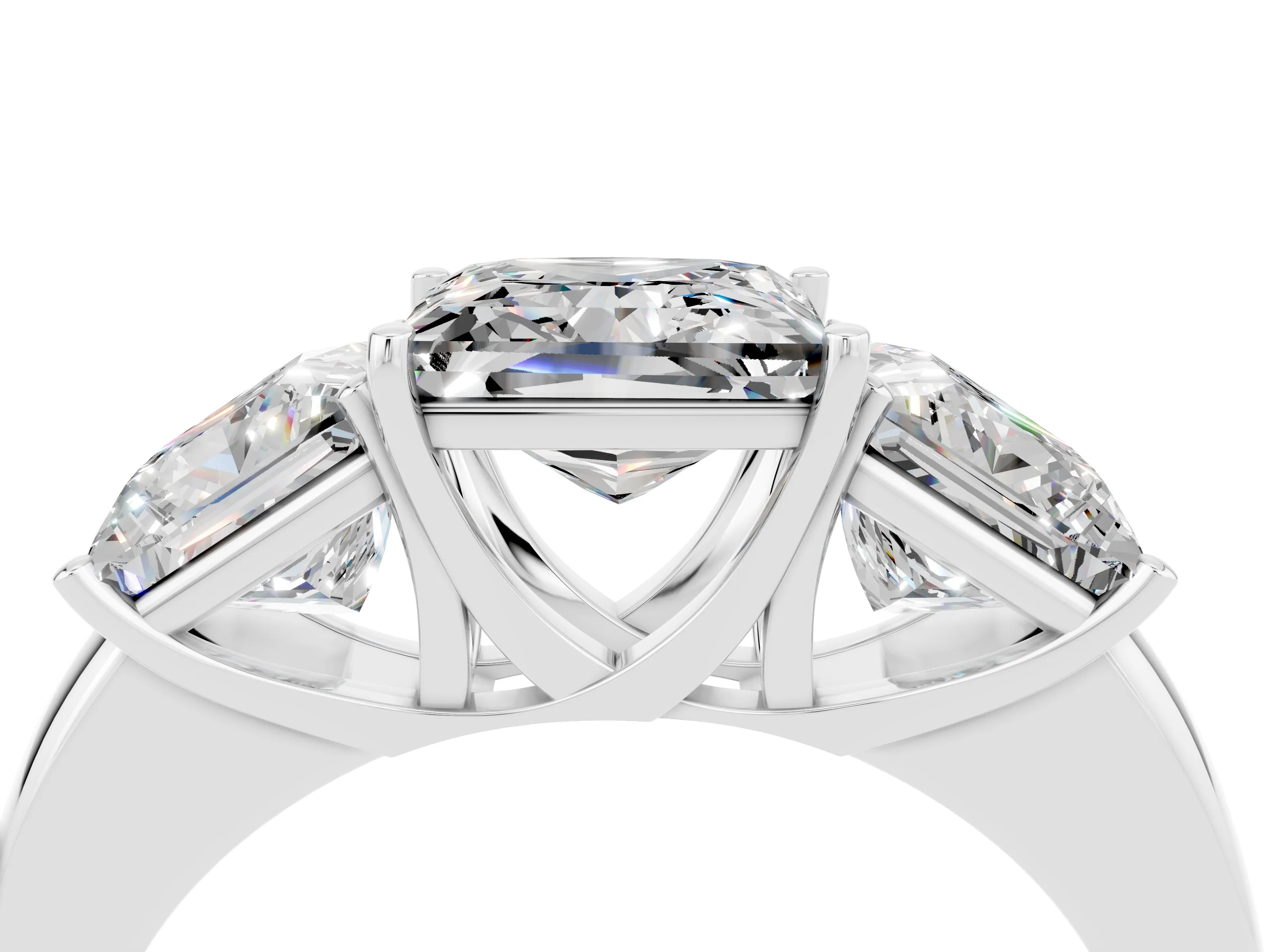 White gold Princess Cut Moissanite Three-Stone Ring with Four-Prong Setting and Classic Band_4