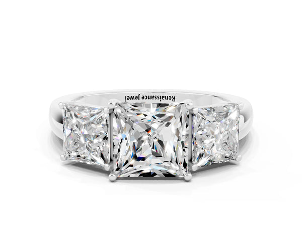 White gold Princess Cut Moissanite Three-Stone Ring with Four-Prong Setting and Classic Band