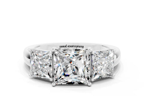 White gold Princess Cut Moissanite Three-Stone Ring with Four-Prong Setting and Classic Band