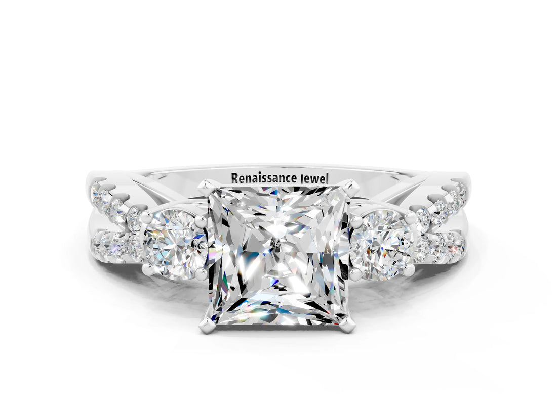White gold Princess Cut Moissanite Three-Stone Ring with Pavé Split Shank and Four-Prong Setting