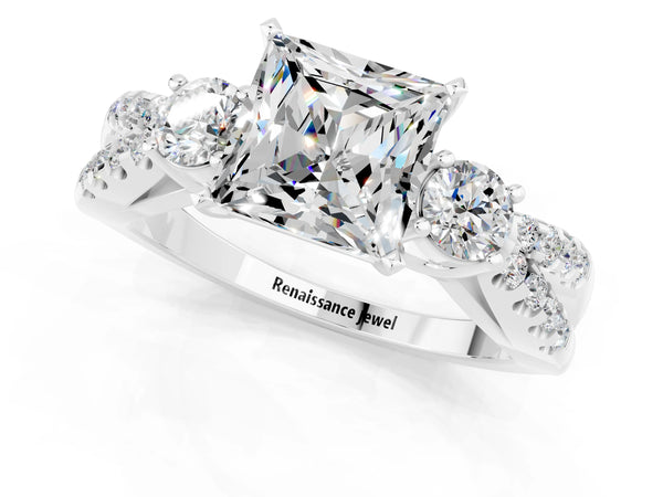 White gold Princess Cut Moissanite Three-Stone Ring with Pavé Split Shank and Four-Prong Setting