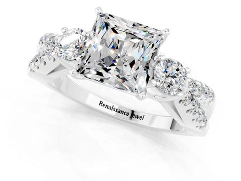 White gold Princess Cut Moissanite Three-Stone Ring with Pavé Split Shank and Four-Prong Setting_1