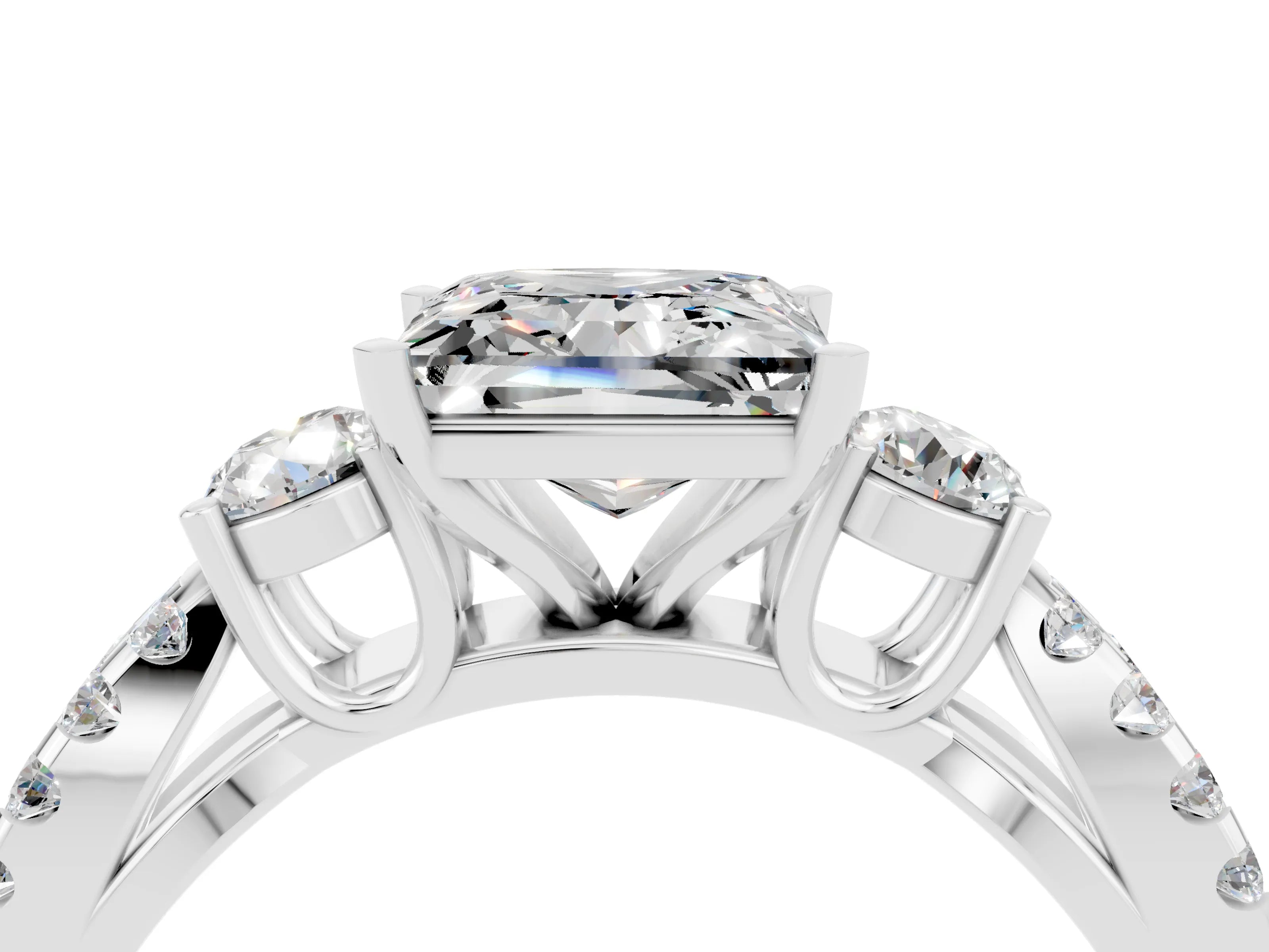 White gold Princess Cut Moissanite Three-Stone Ring with Pavé Split Shank and Four-Prong Setting_4
