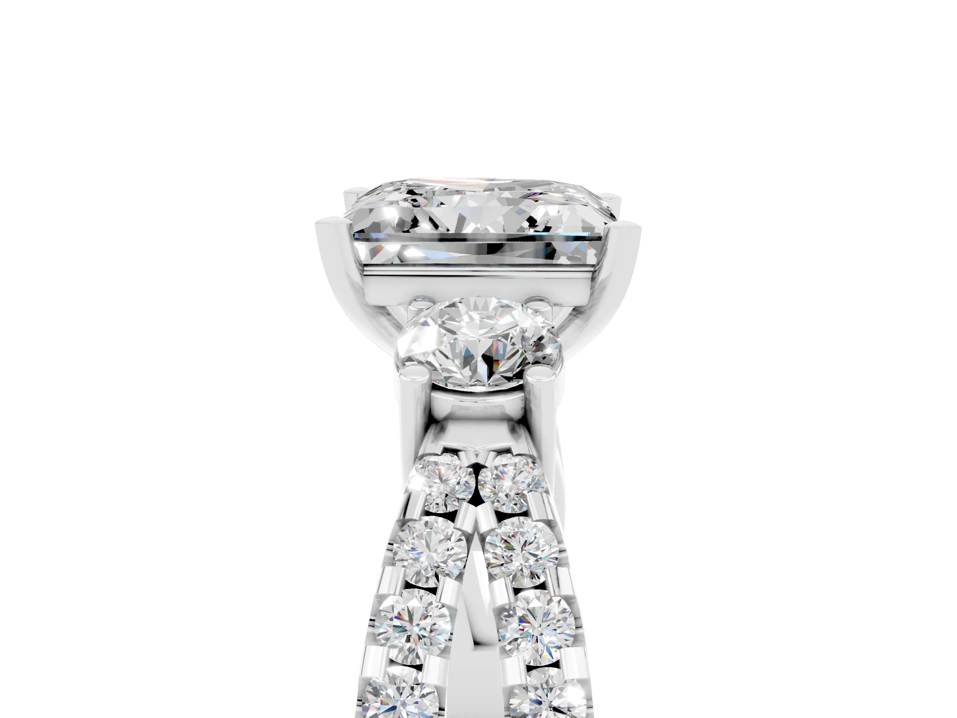White gold Princess Cut Moissanite Three-Stone Ring with Pavé Split Shank and Four-Prong Setting_5