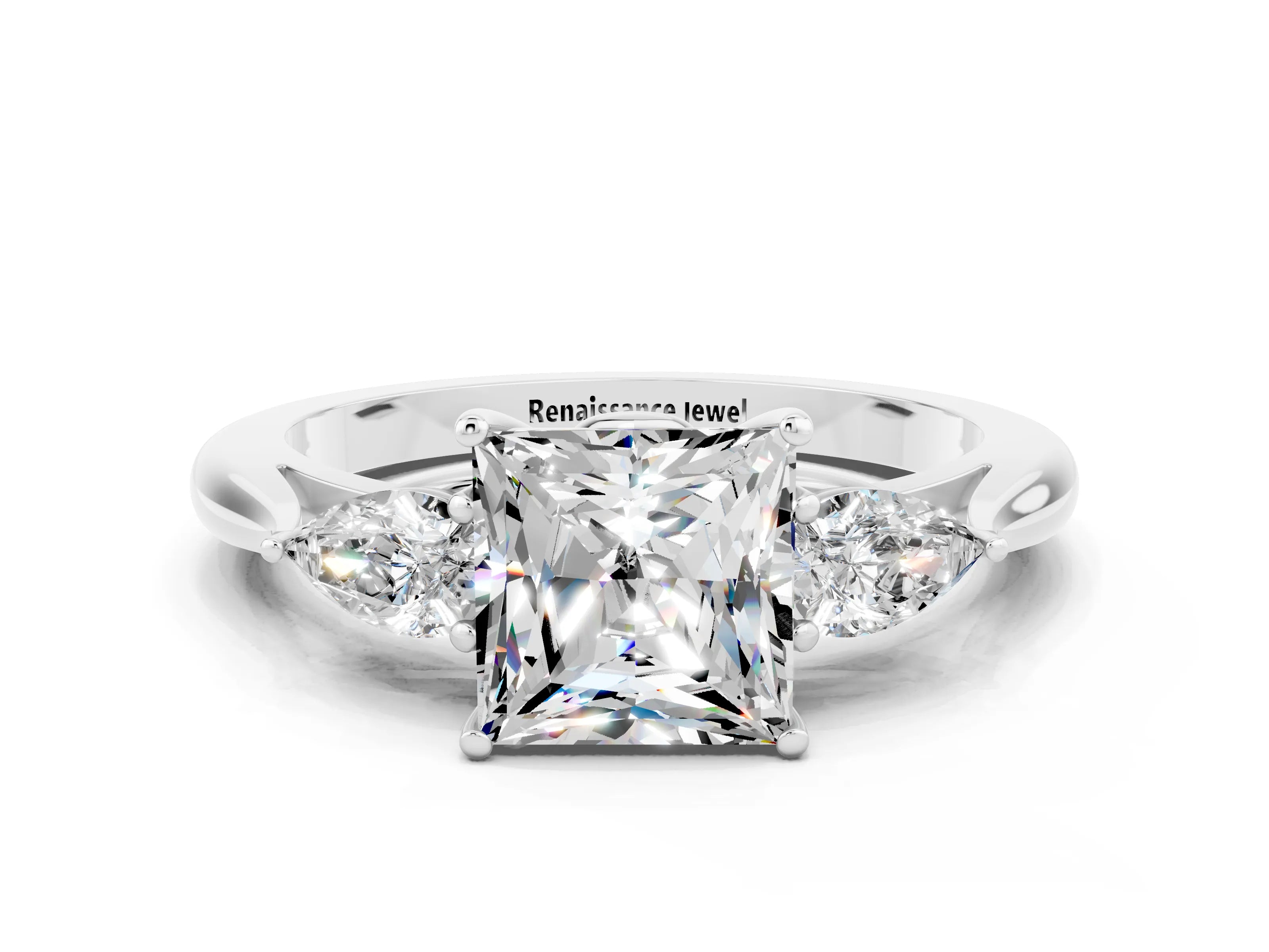 White gold Princess Cut Moissanite Three-Stone Ring with Pear Side Stones and Four-Prong Setting_12