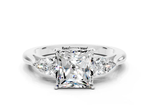 White gold Princess Cut Moissanite Three-Stone Ring with Pear Side Stones and Four-Prong Setting_12