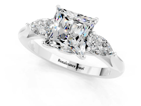 White gold Princess Cut Moissanite Three-Stone Ring with Pear Side Stones and Four-Prong Setting_13