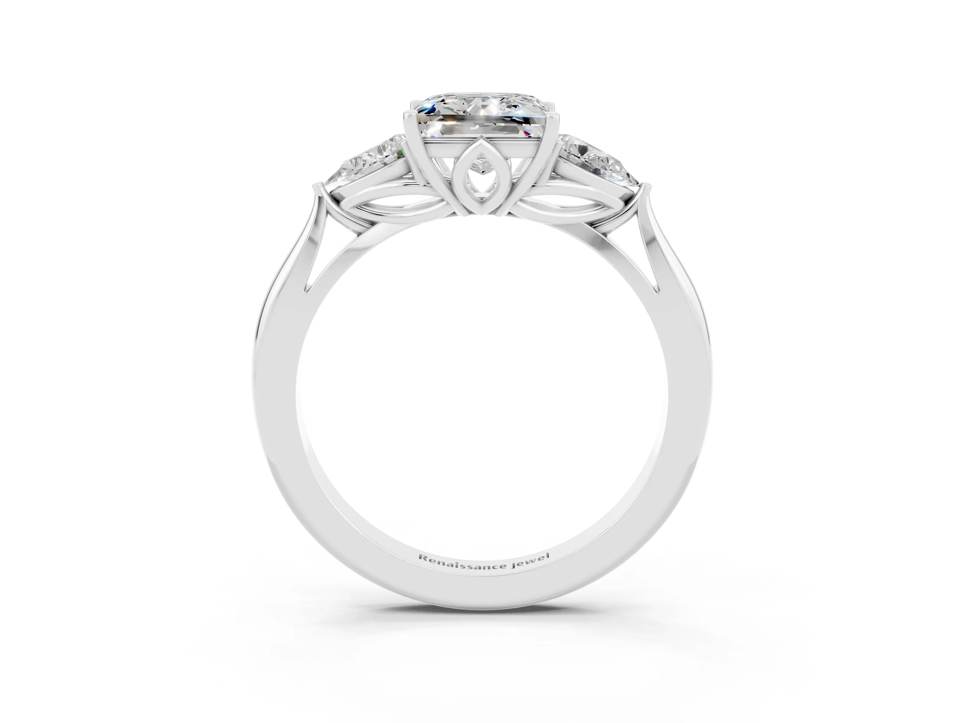 White gold Princess Cut Moissanite Three-Stone Ring with Pear Side Stones and Four-Prong Setting_15