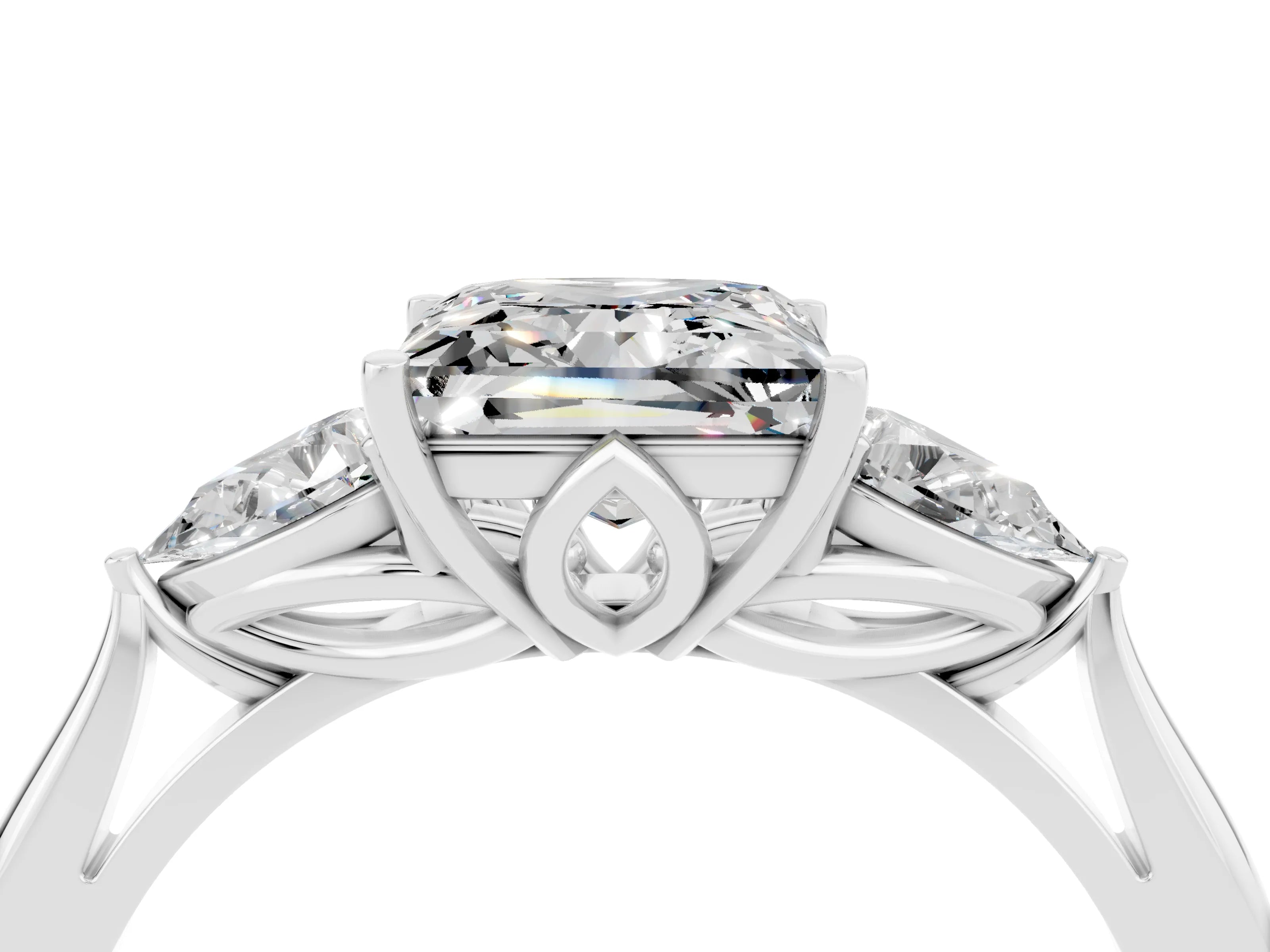 White gold Princess Cut Moissanite Three-Stone Ring with Pear Side Stones and Four-Prong Setting_16