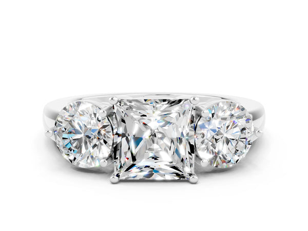 Platinum Princess Cut Moissanite Three-Stone Ring with Prong Setting and Classic Band