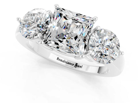 White gold Princess Cut Moissanite Three-Stone Ring with Prong Setting and Classic Band_1