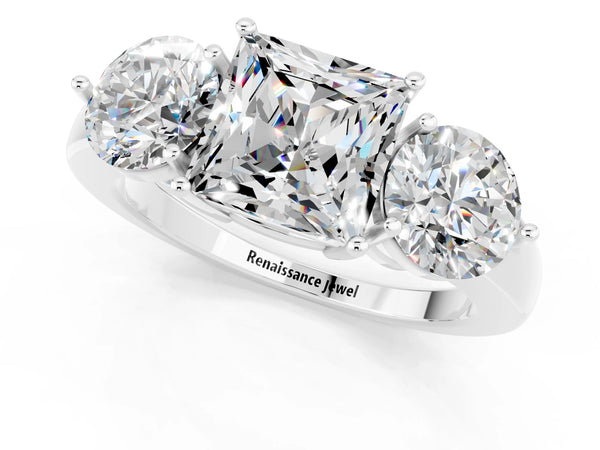 White gold Princess Cut Moissanite Three-Stone Ring with Prong Setting and Classic Band