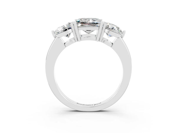 White gold Princess Cut Moissanite Three-Stone Ring with Prong Setting and Classic Band